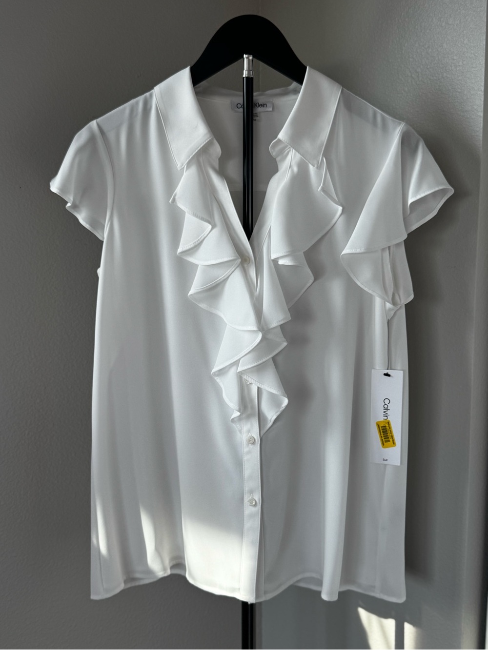 Calvin Klein White Ruffle V-Neck Short Sleeve Blouse